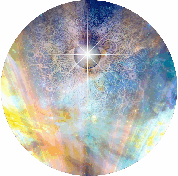 A luminous celestial scene with radiant light and cosmic patterns.