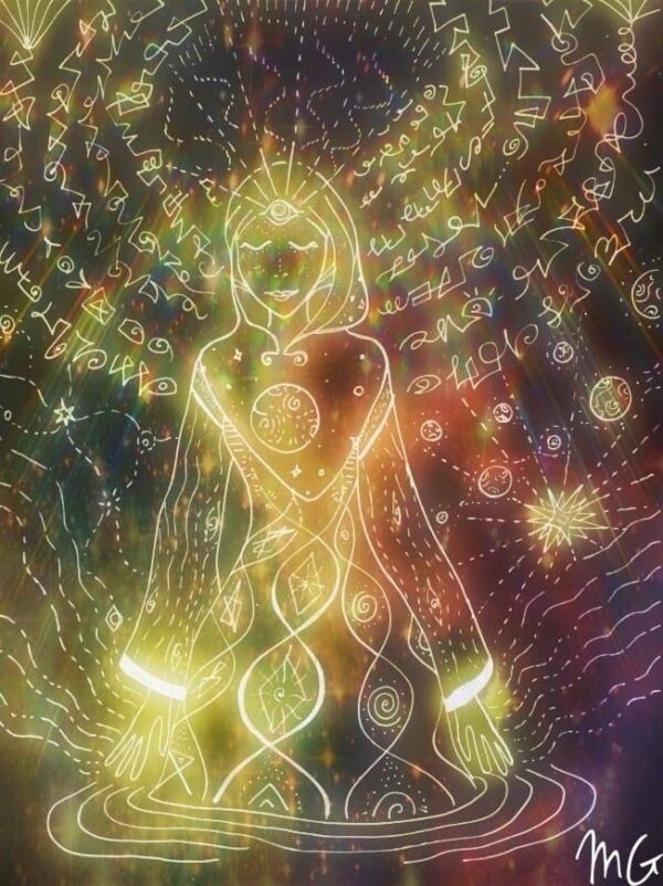 A glowing, ethereal female figure surrounded by swirling colors and symbols.