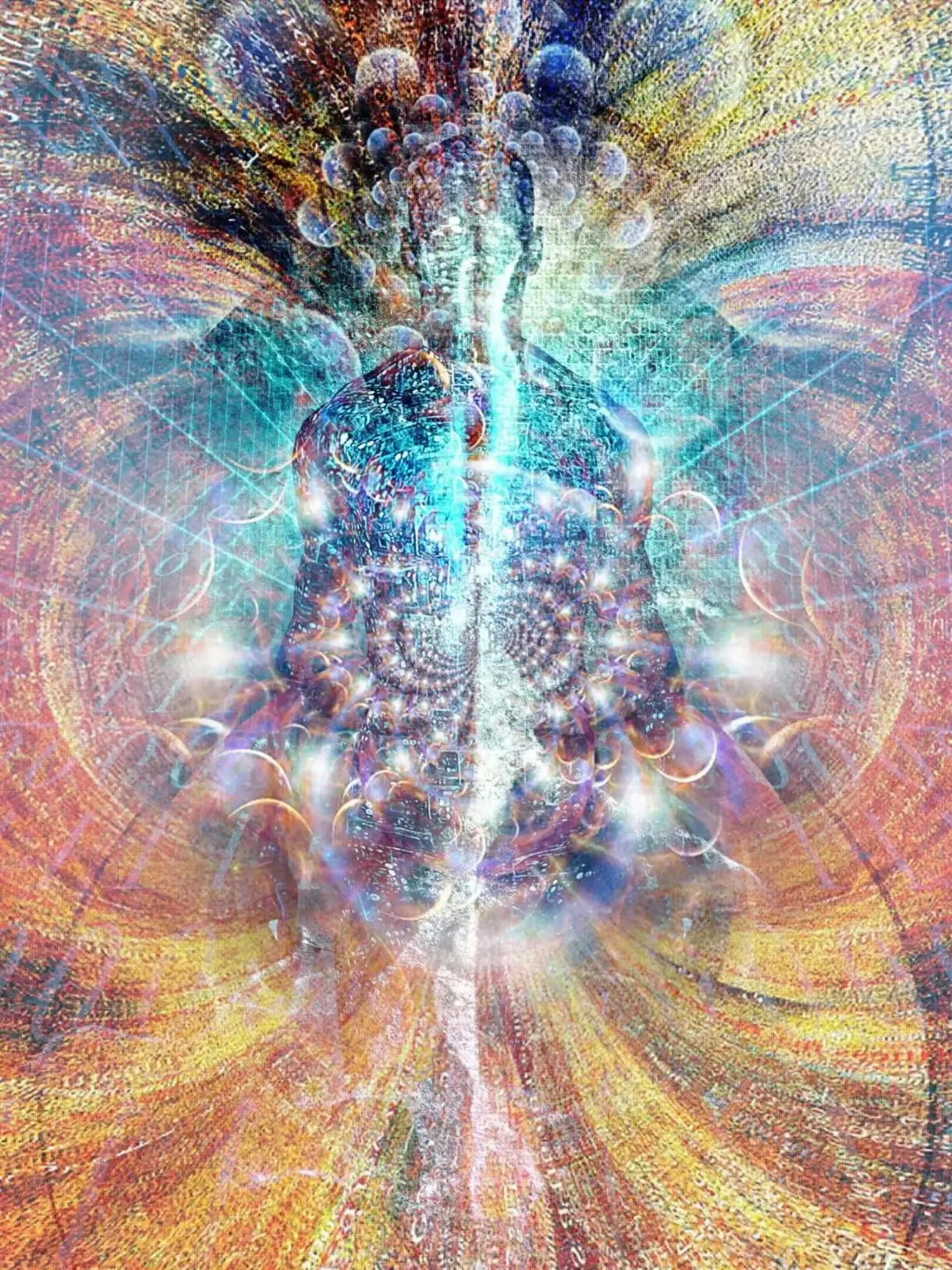 Abstract cosmic design blending human and geometric patterns in vibrant colors.