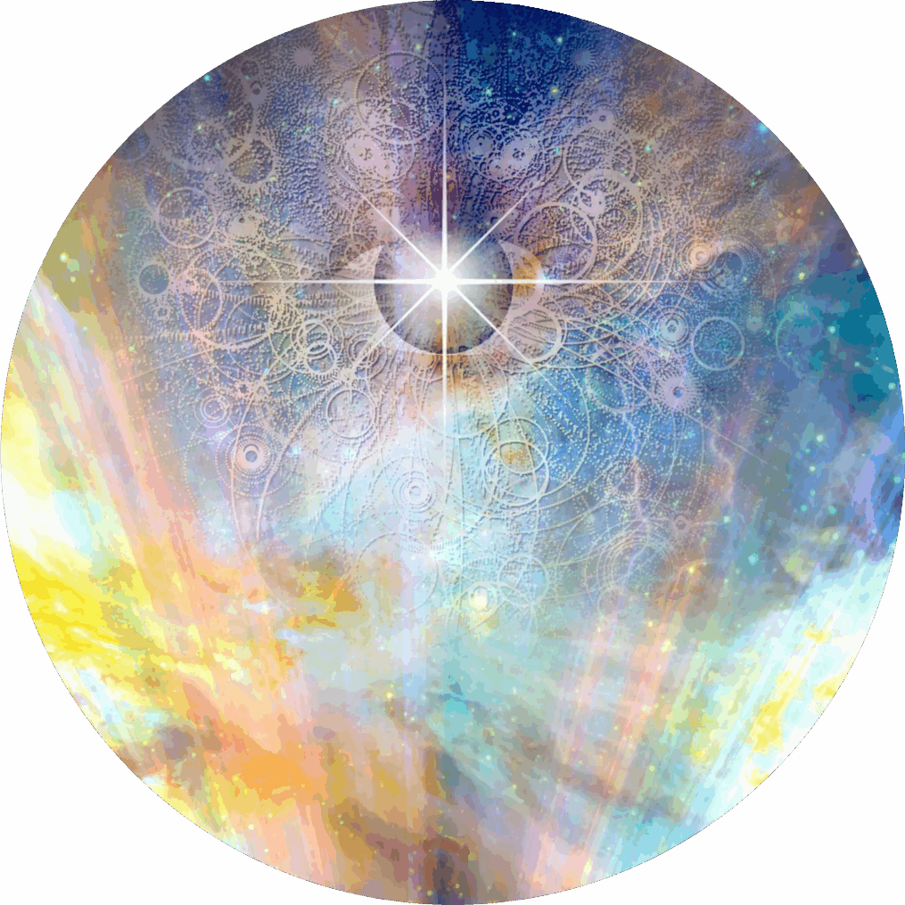 A luminous celestial scene with radiant light and cosmic patterns.