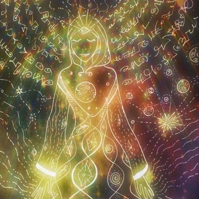 A glowing, ethereal female figure surrounded by swirling colors and symbols.